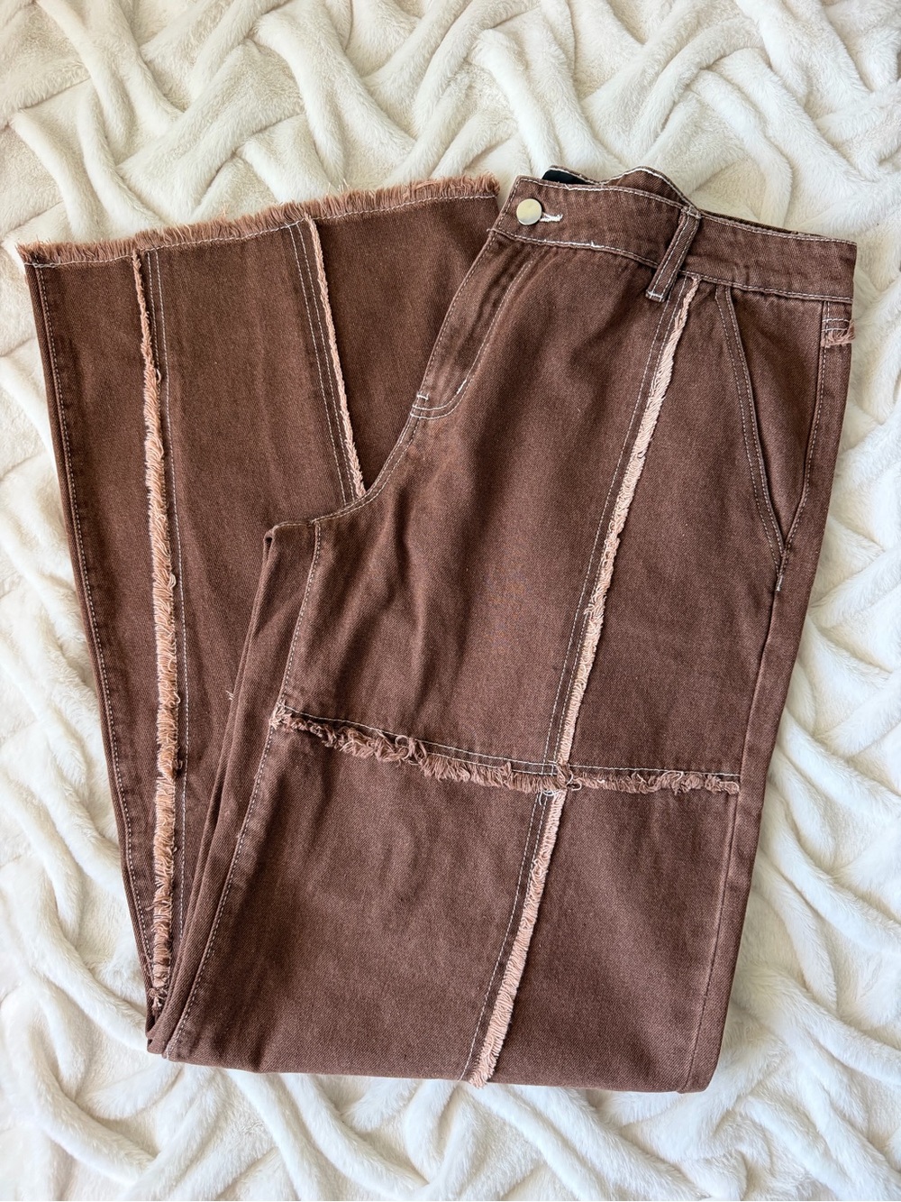 Fashion Nova Brown Wide-Leg High-Rise Jeans with Raw Seams